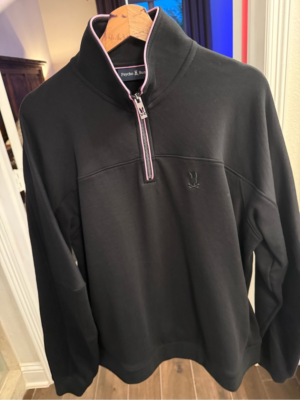 Psycho Bunny Women Black Quarter-Zip Sweatshirt with Pink Trim